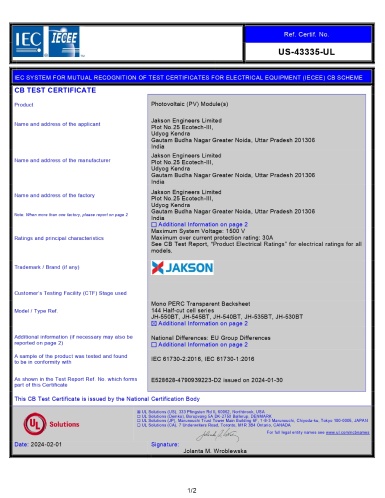 10 Bifacial MonoPERC IEC 61730 certificate