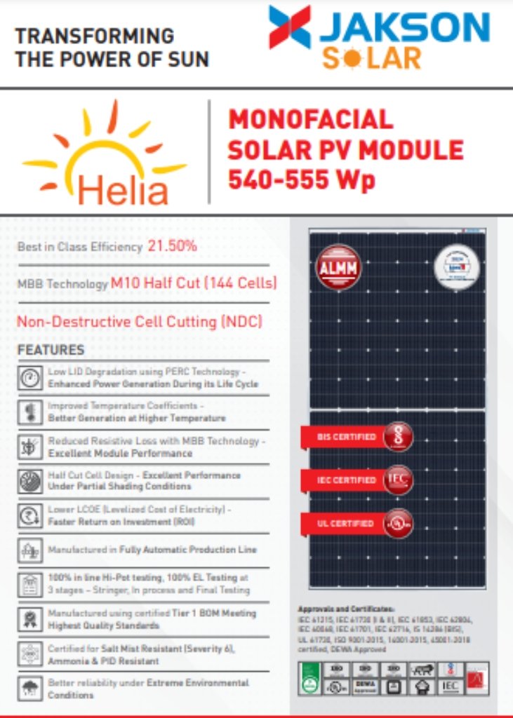 (540 555)Wp Helia MonoPERC Monofacial Jakson Solar