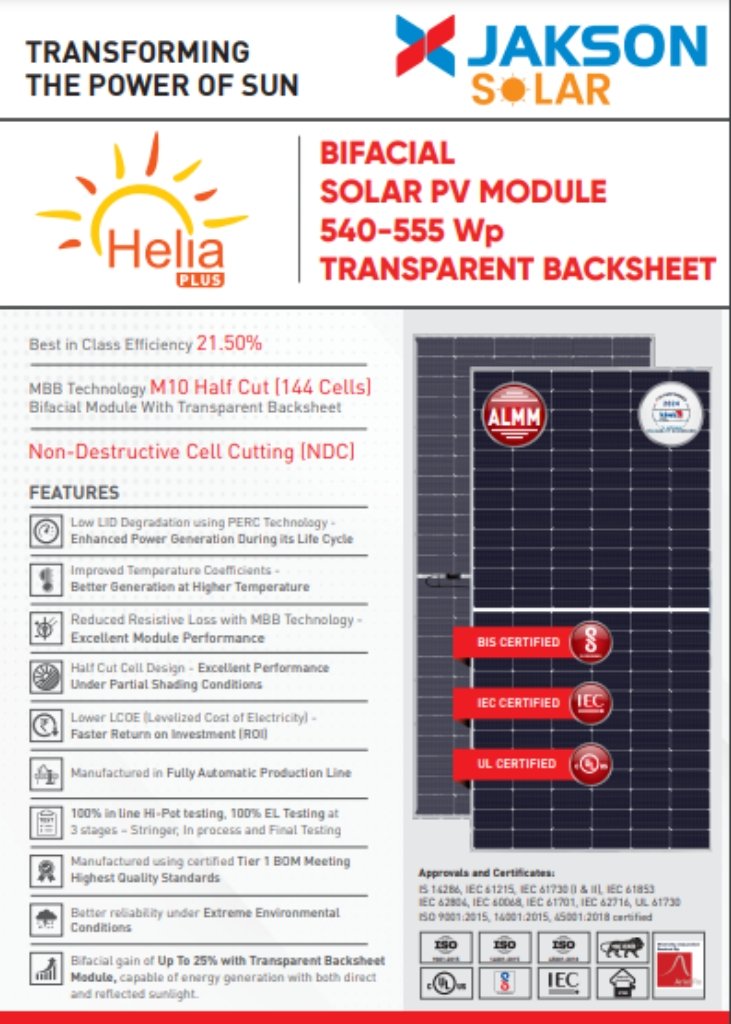 (540 555)Wp HeliaPlus MonoPERC Bifacial with Transparent Backsheet Jakson solar