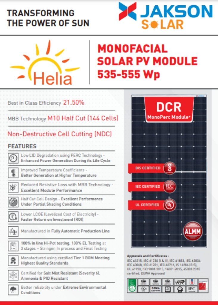 DCR (535 555) Wp Helia MonoPERC Monofacial Jakson Solar