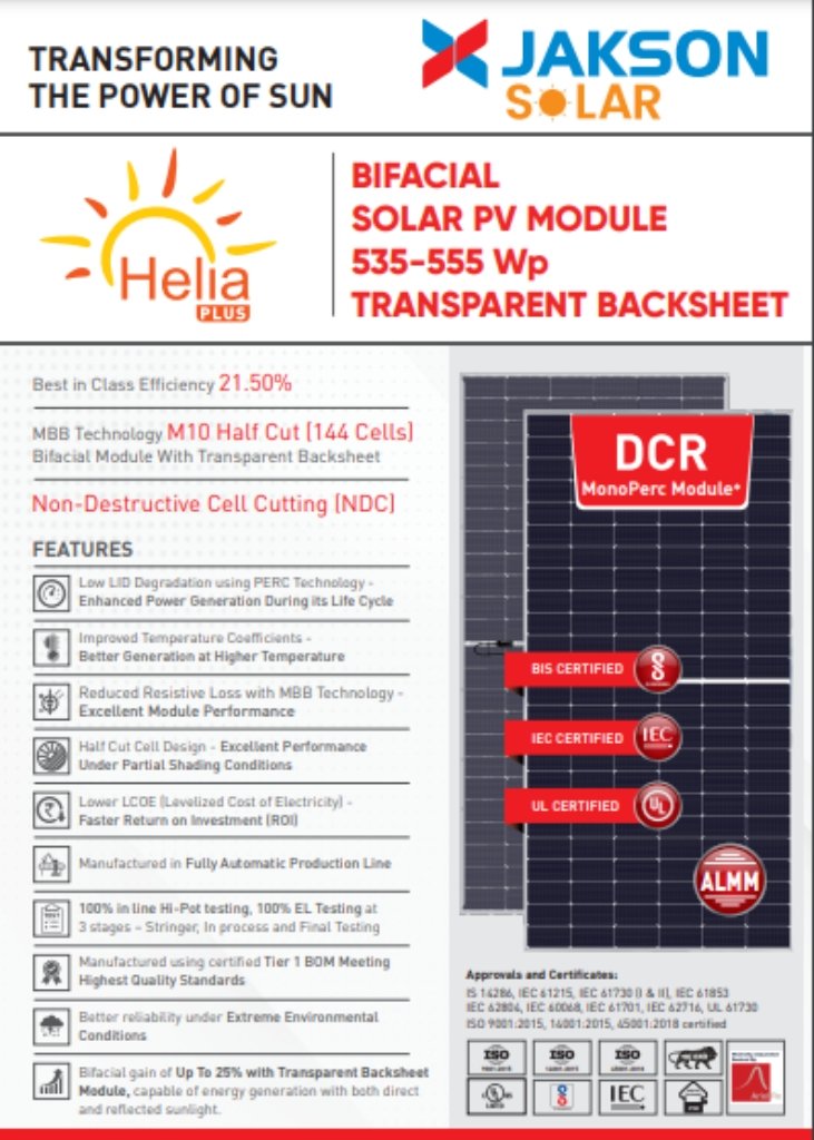 DCR (535 555)Wp HeliaPlus MonoPERC Bifacial with Transparent Backsheet Jakson Solar