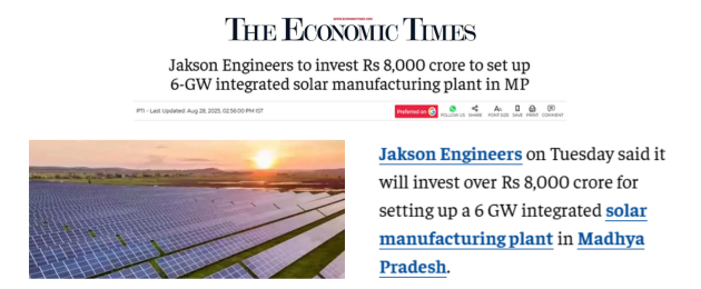 The economics times Jakson Solar invest 8k cr in mp